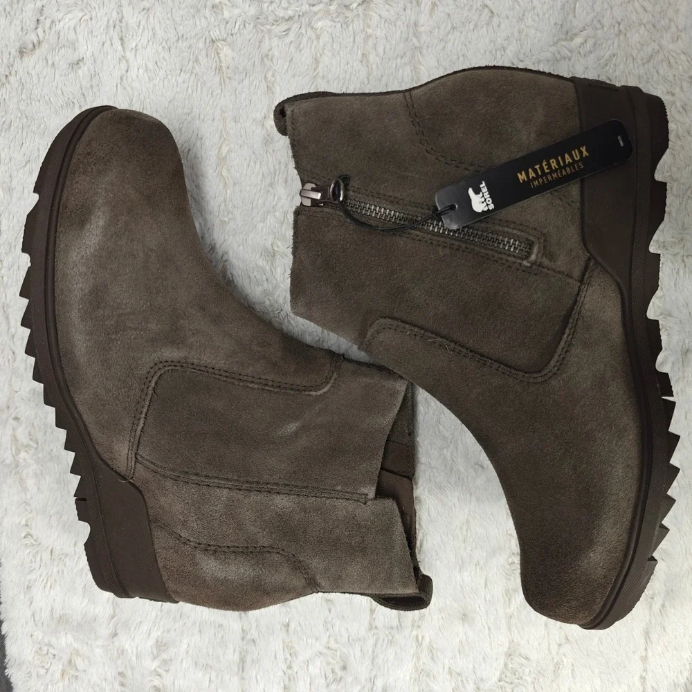 Sorel Evie Bootie Womens 9.5 Gray Suede‎ Leather Chelsea Wedge Goth Alt Office